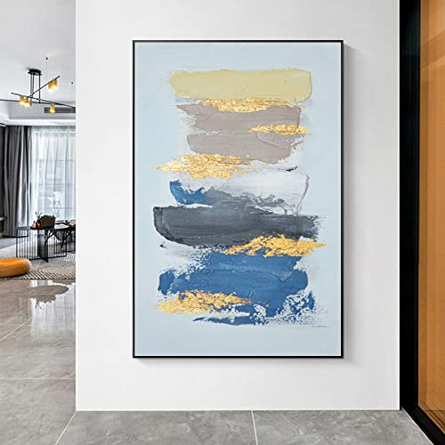 Ölbilder Auf Leinwand Handgemalt, Morandi, Farbe Blau, Textur, Goldfolie, Verzierung, Minimalistisch, Modernes Abstraktes Kunstwerk, Rahmenlose Hand-Ölgemälde Auf Leinwand, Wandkunst Für Wohnzi