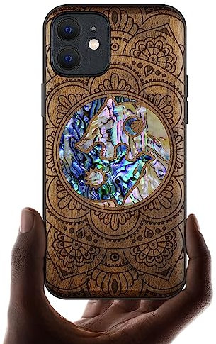 Carveit Coque magnétique pour iPhone 12 Étui de Protection TPU Coque [Gravure en Bois et Incrustation de Coquille] Compatible avec 12 Magsafe Artistique Coque (Noyer-Coquille Yin Yang Loup)