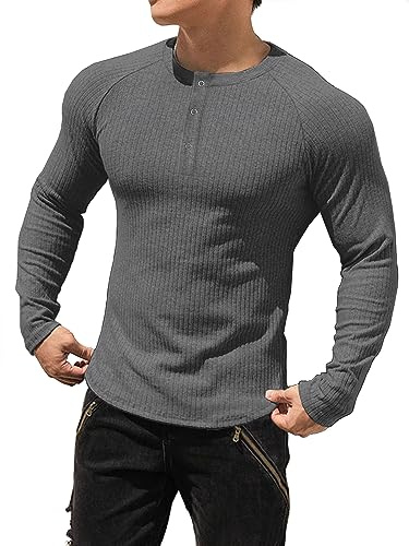 Muhshoiy Herr Slim Fit Långärmad T-shirt bomullsmuskel Henley-skjortor Stretchig Casual Snygg ribbad t-shirt Mörkgrå XL