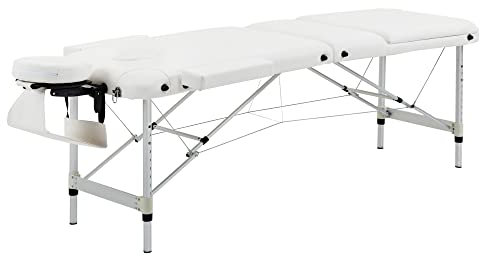 HOMCOM Mobile Massageliege 3 Zonen Klappbar Massagetisch mit Kopfstütze Armlehne Tragetasche höhenverstellbare Aluminium Massagebett tragbar inkl. Zubehör Massagebank bis 225 kg Belast Weiß