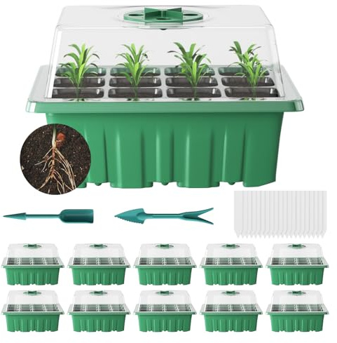 Priksia Seed Trays 10 Pack 120 Cells Propagator with Clear Lids Adjustable Window Seed Trays Growing Thicken Seedling Starter Trays for Greenhouse & Gardens, Green