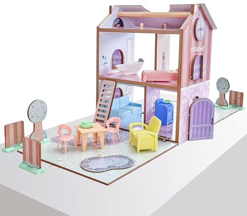 KidKraft Maison de poupée Play & Store Cottage en Bois incluant Accessoires et Mobilier, 3 Étages de Jeu, pour Mini Poupées de 12 cm, Jouet Enfant dès 3 Ans, 20510