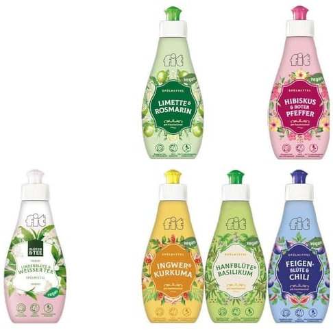 5tlg. Küchen Mix-Set kompatibel mit Fit Spülmittel Geschirrspülmittel | Aussergewöhnliche Gewürz - Duftsorten + Baumwoll-Geschirrtuch Beige