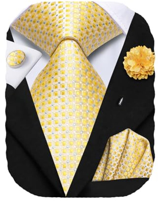 Hi-Tie Herren-Krawatte, Reversnadel-Set, Einstecktuch, Manschettenknöpfe, gewebte Seidenkrawatten für Männer, Hochzeit, formelle Anlässe, 09-gelb-kariert