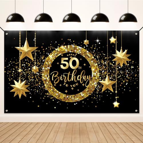 Koliphy 50. Geburtstagsbanner, 50. Happy Birthday Banner für Mann Frau, Schwarz Gold Stoff 50 Geburtstag Deko Hintergrund Party Dekoration Drinnen und Draußen