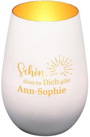 Windlicht aus Glas graviert mit Wunschnamen (Weiß/Gold,Sonne) | Glückslicht | personalisiert | Teelichtglas | Teelichthalter | Geschenkidee für Männer und Frauen