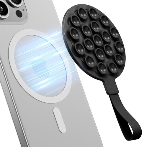 Muigi Silicone Suction Phone Case Adhesive,Magnetic Reusable Phone Holder for iPhone 16/15/14/13 and Android Samsung Galaxy S24/S23/A55/A15/A35,Mirror,Glass, No Rough Surface,Selfies,Videos Black ﻿