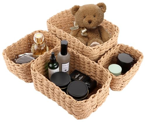 LDXDRU 4 Stück Klein Aufbewahrungskorb Korb Geflochten Deko, Badezimmer Aufbewahrung Flechtkorb Klein Körbchen Geflochten Aufbewahrungskörbe Bad aus Papierseil für Accessoires Schminke Tampon