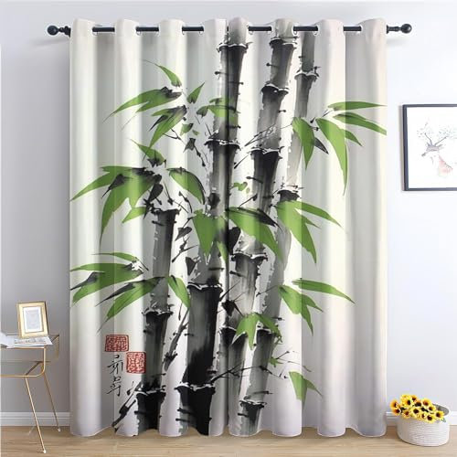 Pechiwuo Bambus Vorhänge 3D Drucken Gardinen Wohnzimmer Anlage Verdunkelungsvorhänge 2er Set, Vorhang Blickdicht Wärmeisolierend Gardine mit Ösen Schlafzimmer Deko 2 x 110 x 215 cm（B X H） C237