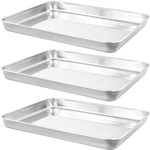 CHUEN 3 stycken rostfritt stål bakplåt, 32 x 22 x 4,8 cm rektangulär bakform kakblek, silver ugnsform bakform för mat bakning, matlagning