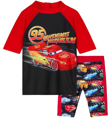 Get Trend RashGuard 2-delat set för pojkar kortärmad baddräkt för barn strand pool och semester, Röd/svarta bilar, 2-3 ans