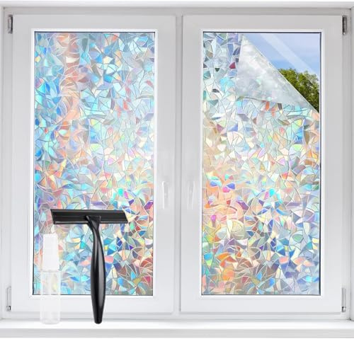 STATINT 3D Rainbow Stained Glass Window Privacy Film, 44.5x200cm | Decorative UV Blocking Anti Glare Window Clings Static Cling Non-Adhesive Vinyl Stickers for Home Door