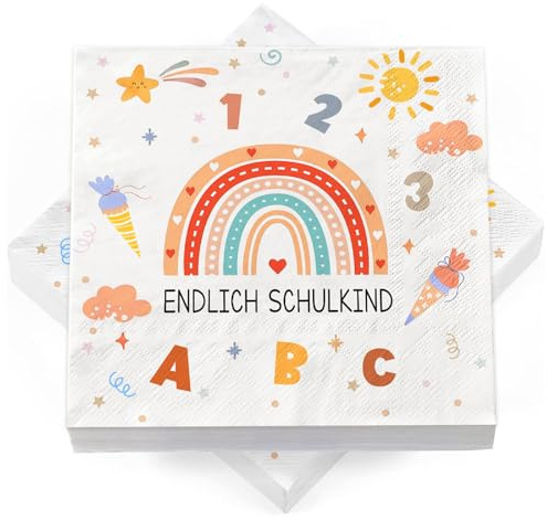 40 Stück Servietten Einschulung Mädchen Junge, Regenbogen Einschulung Servietten Deko Endlich Schulkind 2026, Schulanfang Deko Tischdeko, 33 x 33 cm Regenbogen Schulservietten