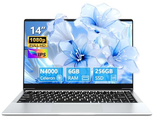 Ordenador Portátil Celeron N4000 de 14,1 pulgadas, PC Portátil 6 GB RAM 256 GB SSD, Laptop pantalla abatible de 180°, mini HDMI, 2*USB 3.0, color plateado, delgado y ligero computadora portátil