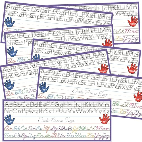Placas de nombre para escritorio de aula con guía del alfabeto, paquete de 25, 4 x 11 pulgadas, manuscrito tradicional y líneas de escritura cursivas (mayúsculas y minúsculas) para guardería, primaria