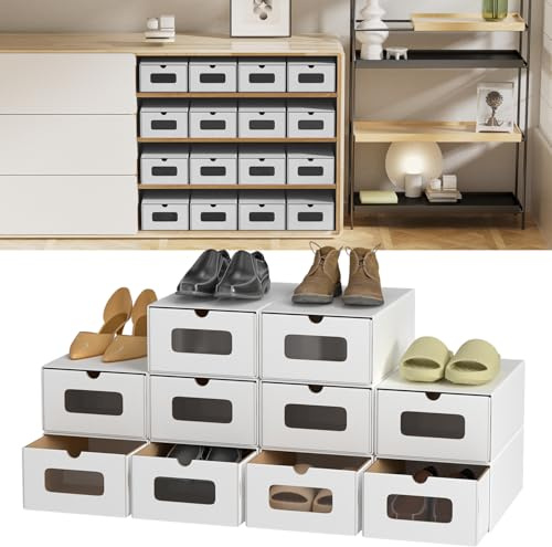 Eikuavons Aufbewahrungsboxen mit Sichtfenster & Schublade, 10er Set, 33x30x35 cm, Stapelbare Schuhkartons aus Pappe, Schuhbox Spielzeug-Box Aufbewahrung für Zubehör & Accessoires, Weiß