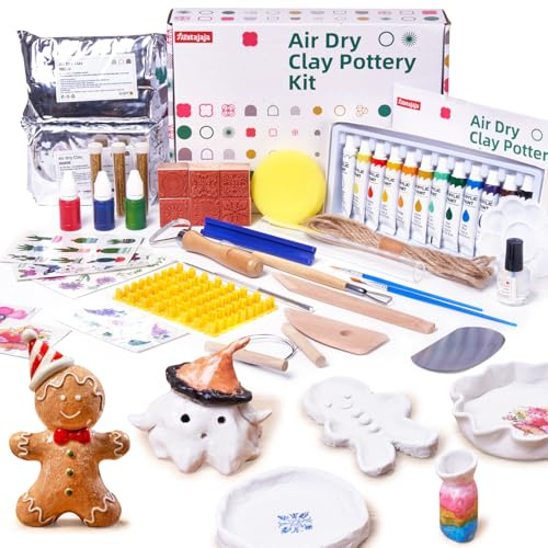 Fiestajaja - Kit de Arcilla para Secado al Aire para Adultos, Kit de Cerámica para Principiantes, 48 Piezas con Pinturas, Sellos, Herramientas y Guía Paso a Paso - Regalo de Cumpleaños, Navidad