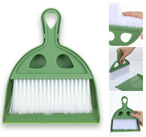 Ouligay Mini Dustpan and Brush Set Handheld Broom and Dustpan Set Small Broom and Dustpan Set for Table, Desk, Countertops Soft Bristles, Snap-On Design Green