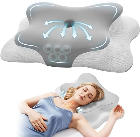 Autsel Cuscino Cervicale Memory Foam a Farfalla con Doppia Altezza (11/13 cm) e Supporto per Braccia - Design Ergonomico per Dormire su Fianco, Schiena o Pancia, Fodera Lavabile, Grigio chiaro-bianco,