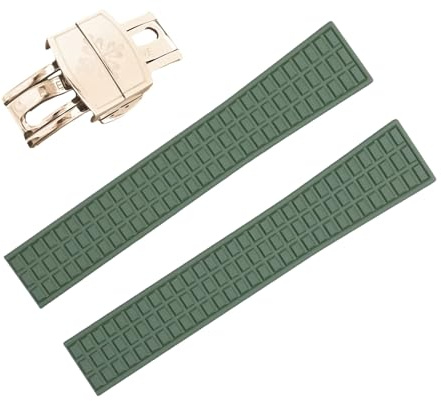ROUHO 19mm Silicone Caoutchouc Bracelet Montre Ajustable, Bande Montre Sport Homme pour Patek Philippe Aquanaut 5067A-001-Vert + Or Rose Boucle