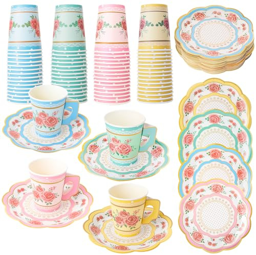 saerryor 60 Sets Floral Paper Tea Cups and Saucers, Vintage Teacups and Saucer Sets, 9 oz Cups with Handle and 7 Inch Paper Plates, for Birthday Wedding Tea Party Decorations