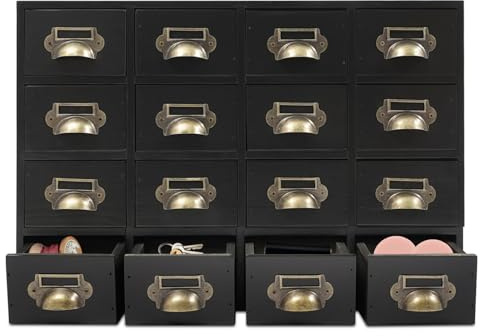 ROGONPDK Schubladenschrank 16 Schubladen Apothekerschrankc Holz Abschließfach 50×10×35cm, Vintage Kommode, Schreibtisch Schubladenorganizer mit 16 Fächern, Apothekerschrank, Holz Kommoden (Schwarz)