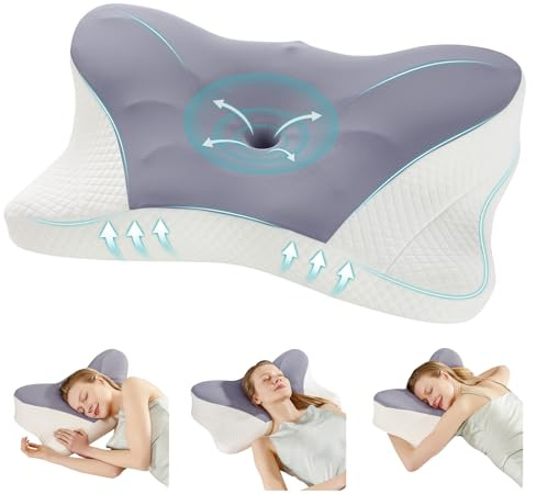 DUMOS Cervical Neck Pillow, Cooling Ergonomic Memory Foam Pillows for Neck Pain Relief with Breathable Pillowcase, Dual Height Orthopedic Support Contour Pillow for Side, Back, Stomach Sleepers, Grey