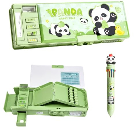 CYGMRFH Bonito juego de papelería con temática de capibara, estuche de lápices con contraseña de doble cara con cerradura y 4 bolígrafos borrables de tinta azul a juego, resistente estuche de lápices