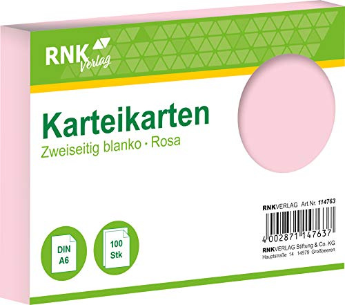 RNKVERLAG 114763 - Karteikarten blanko rosa, DIN A6, 1 Packung à 100 Karten