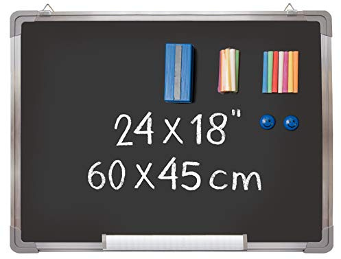 Chalkboard Set - Framed Black Board 24 x 18 inch with 1 Magnetic Eraser, 14 Chalk Sticks (7 Colors) and 2 Magnets - Wall Hanging Blackboard with Frame for Home, Kitchen and Office (24x18)