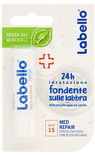Labello Med Repair 5,50 ml Lippenbalsam feuchtigkeitsspendend und schmelzend auf den Lippen, Lippenbalsam mit Vitamin E und natürlichen Ölen, Sonnencreme LSF 15