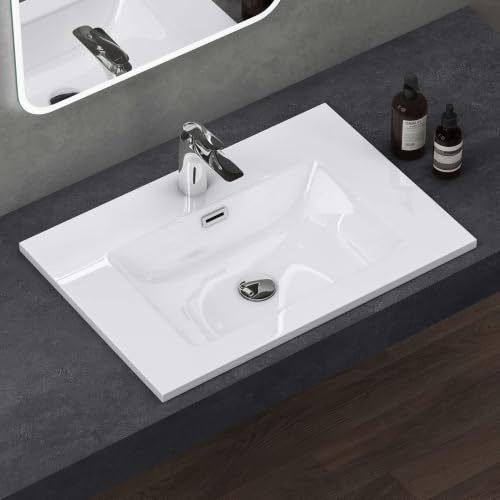 doporro Waschbecken mineralguss Einbauwaschbecken 70x48x14cm weiß | Einbauwaschtisch Eckig mit Überlauf Waschtisch Handwaschbecken, Einfache Montage, DIN-Anschlüsse Colossum02