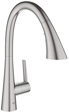 GROHE Zedra Kitchen Tap Single-Lever Sink Mixer, High C-Spout with Pull-Out Comfort Shower Head and 3 Spray Options, 360° Swivel Range, Stainless Steel Look Water-Saving 32294DC2