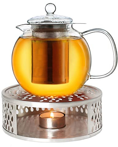 Creano Glass Teapot 850ml with Warmer - Stovetop Safe Tea Kettle with Stainless Steel Infuser and Glass Lid, Ideal for Preparing Loose Teas - Drip Free