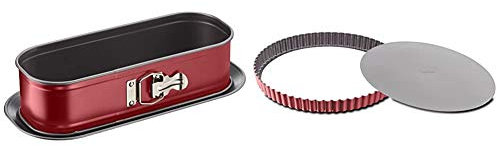TefalJ 1640314 Delibake Moule A Cake Avec Charnière 30x11cm Rouge/Gris & 1641514 Delibake Moule A Tarte 28 cm A Fond Amovible Acier Rouge Carbone