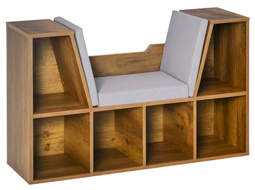 HOMCOM Bookcase Storage Shelf with Cushioned Reading Seat, Cube Bookshelf Organizer for Bedroom Living Room, Rustic Brown