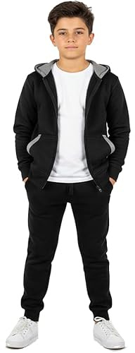 SKT SIGNATURE Boys Plain Hooded Tracksuit Kids Jogging Bottoms & Hoodie JUNIOR 7-13 (Black/Grey, 7-8 Years)
