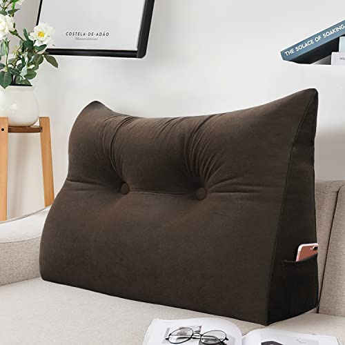Johnear Rückenkissen Bett Keilkissen Sofa Rückenlehne Lesekissen, Lehnenkissen Dreieckige Kopfkissen Lendenkissen mit abnehmbarem Samt Bezug （Braun, 60cm