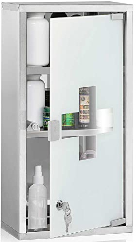 BAKAJI Medizinschrank Wandschrank Erste Hilfe aus Edelstahl und satiniertem Glas Farbe Silber mit doppeltem Sicherheitsschlüssel mit Magnetverschluss (60 x 30 x 2 cm)