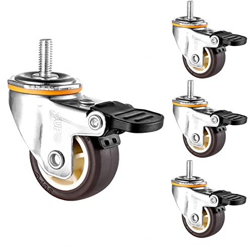 YHBZ 4 Stücke Möbel Rollen, Lenkrollen Räder,M6 Gewinde Stem Trolley Caster,180Kg Belastbarkeit,PU Gummi Rollen mit Bremsen,M6