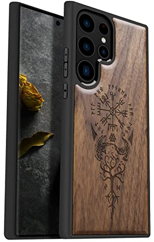 Carveit Handyhülle für Galaxy S23 Ultra, Nussbaum-Wikingerkompass | Holzdesign Case [Holz und TPU Silikon Hybrid Hülle] Cover Kompatibel Samsung S23 Ultra 5G Handyhulle