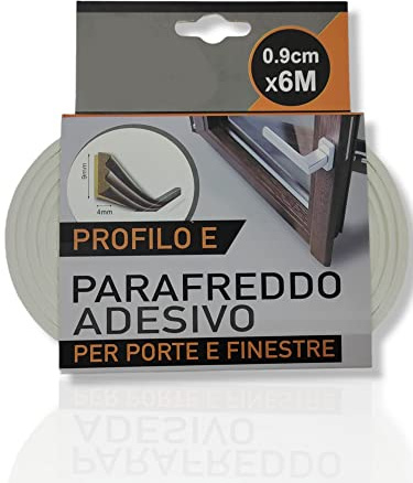 Profilo adesivo paraspifferi parafreddo per porte e finestre 0.9 cm x 6 metri isolamento termico (Profilo E, Bianco)
