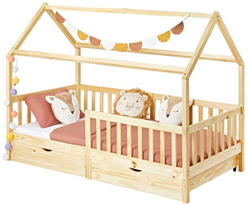 IDIMEX Lit cabane NUNA lit Enfant Simple Montessori en Bois 90 x 190 cm, avec Rangement 2 tiroirs, en pin Massif Finition Naturelle
