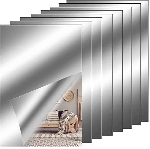 QESSUVNC 8 Stücke Spiegelfolie Selbstklebend Spiegel, Flexibler Klebespiegel Nicht Glas Spiegelfliesen Selbstklebend Fliesenspiegel Wandaufkleber für DIY Hause Badezimmer Wanddekoration (4 x 6 Zoll)