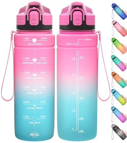 Coolfel Gourde, 500ml/700ml/1l/1,5l/2l, Sport Gourde, Bouteille d'eau Reutilisable Étanches sans BPA Plastique avec Marqueur de Temps pour Running, Randonnée, Camping