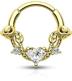 CM Crareesi Mania Piercing setto rosa 16 g Anelli segmentati a cerniera in acciaio inossidabile 316L Orecchini a cuore CZ Setto Daith Helix Cartilagine Gioielli, 3 cm, Acciaio inossidabile