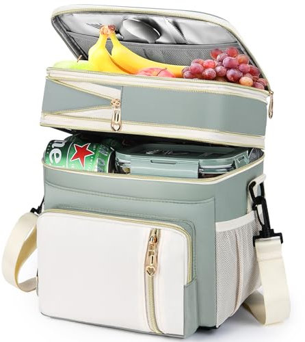 Lunch Box for Women, Expandable Large Double Deck Insulated Lunch Bag with Strap, Leakproof Cooler Tote Bag for Adults, Work, Picnic, Beach & Travel, 16L, Olive Green & White