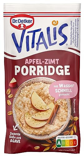 Dr. Oetker Vitalis Porridge Apfel-Zimt 15er Pack, 15 x 58 g, Mischung für Haferbrei mit Zimt-Note, schnell & einfach zubereitet, dezente Süße aus Agave, Idee fürs Frühstück