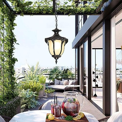Mengjay E27 LED Utomhus Höjdjusterbar Pendellampa Retro Utomhus/Inomhus Hänglampa Svart Vattentät Metall Glas Lampskärm Pendellampa för trädgårdentré Hall Balkong Paviljong Villa Pendel (Stil:F)