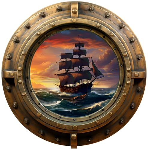 Wandtattoo Bullauge mit Segelschiff Fenster in andere Welt Portal Schiffsfenster Kinderzimmer Wandaufkleber (30x30cm Segelschiff)